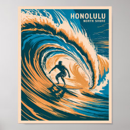 Honolulu North Shore Retro Surfing Hawaii Vågar Poster
