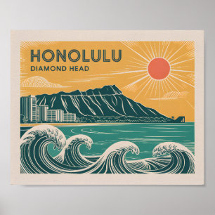 Honolulu Oahu Diamond Head Retro Mid Century Stil Poster