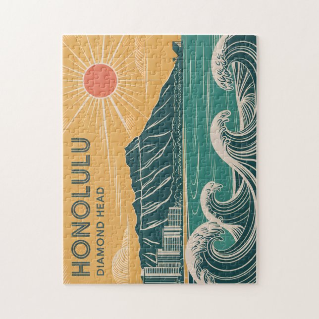 Honolulu Oahu Diamond Head Retro Mid Century Stil Pussel (Vertikal)