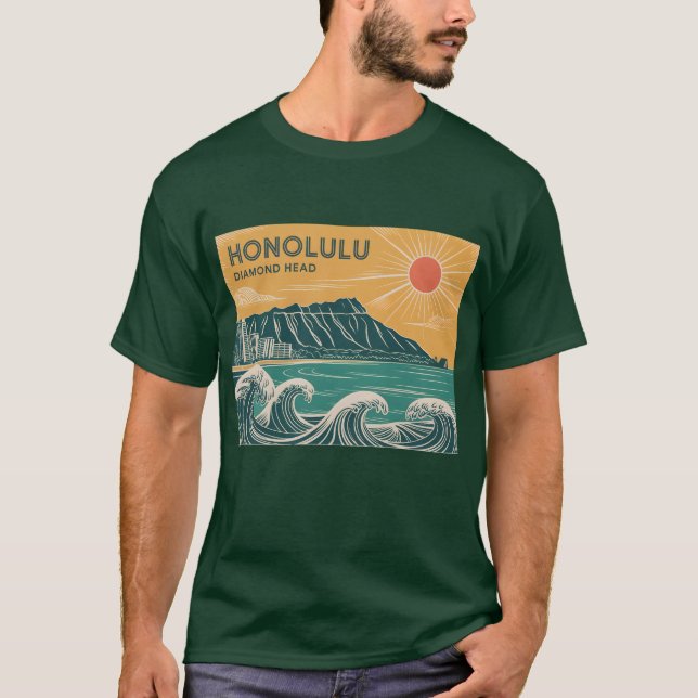 Honolulu Oahu Diamond Head Retro Mid Century Stil T Shirt (Framsida)
