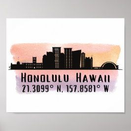 Honolulu Skyline Latitude och longitud Skriv ut Poster