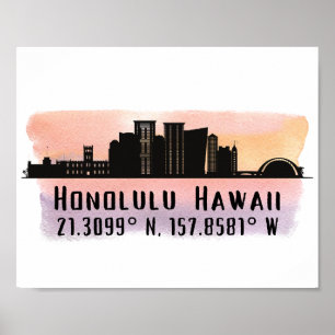 Honolulu Skyline Latitude och longitud Skriv ut Poster