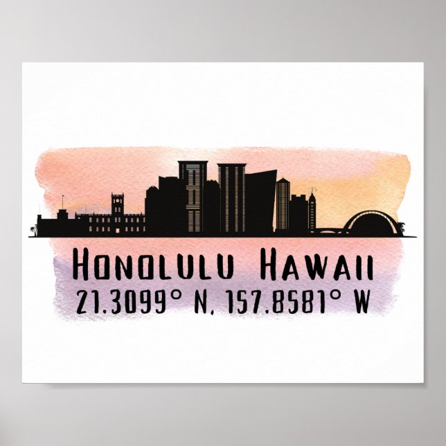 Honolulu Skyline Latitude och longitud Skriv ut Poster (Framsidan)