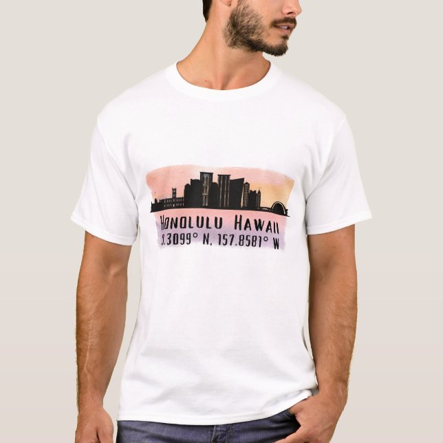 Honolulu Skyline Latitude och Longitud T Shirt (Framsida)