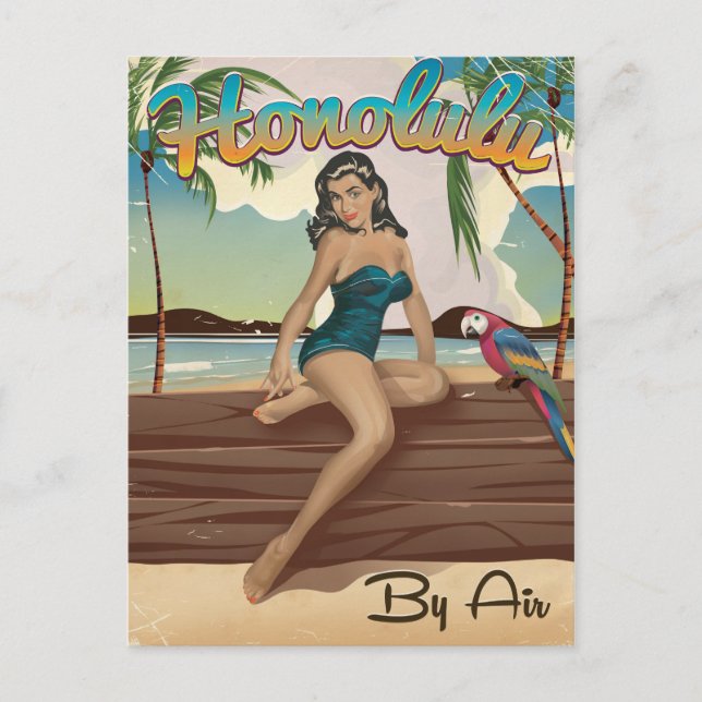 Honolulu vintage retro reseminskryck vykort (Framsida)