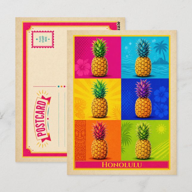 Honolulu vykort Hawaii Pineapple Vintage Pop Art (Fram/baksida)