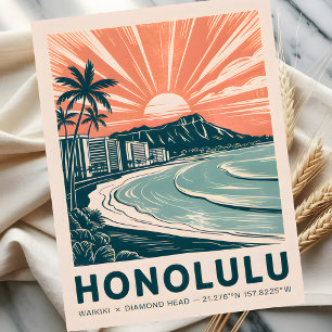 Honolulu Waikiki Diamond Head Scenia Retro Travel Vykort