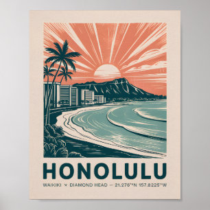 Honolulu Waikiki Diamond Head Scenisk Retroresa Poster