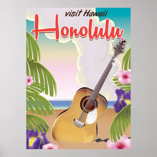Honolulus akustiska gitarr vintage resor poster. poster (Framsidan)