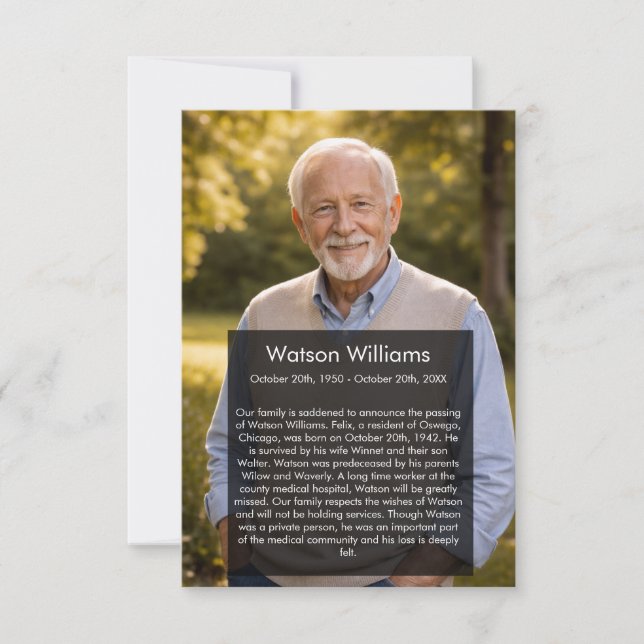 Honoring A Life Death Announcement Meddelande (Framsida)