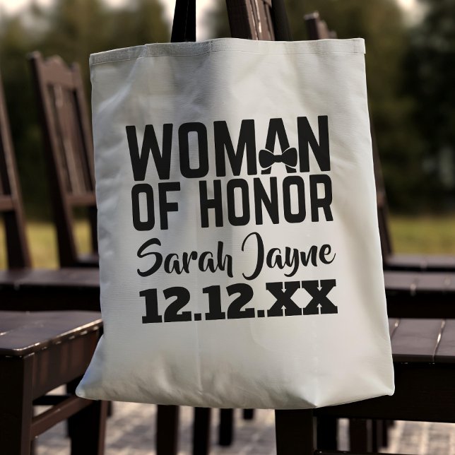 Honorns bröllopsfavoritskylt tygkasse (Perfect for the Woman of Honor in your bridal party. Just add your name and wedding date)