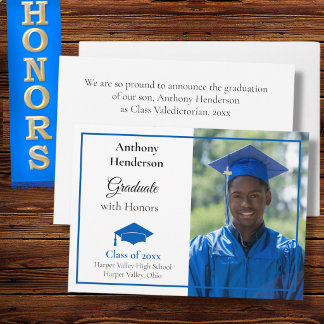 Honors Graduation Announcement Blue Cap and Photo Meddelande