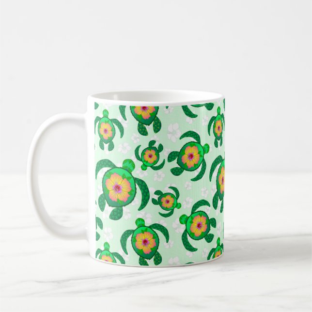 Honu Green Sea Turtles Hibiscus Flowers Kaffemugg (Vänster)