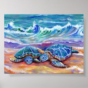 Honu Hugs och Kärlek vid Beach Hawaiian Poster