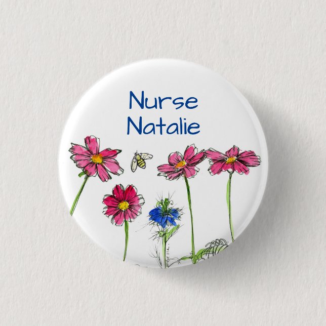 Honung Bee Cosmos Flowers Nurse Namn bricka Knapp (Framsida)