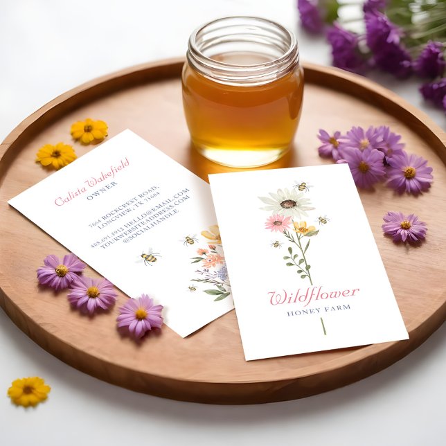 Honung Bee Watercolor Wildblommhoney Farm Visitkort (Honey Bee Watercolor Wildflowers Honey Farm Business Card Front & Back)