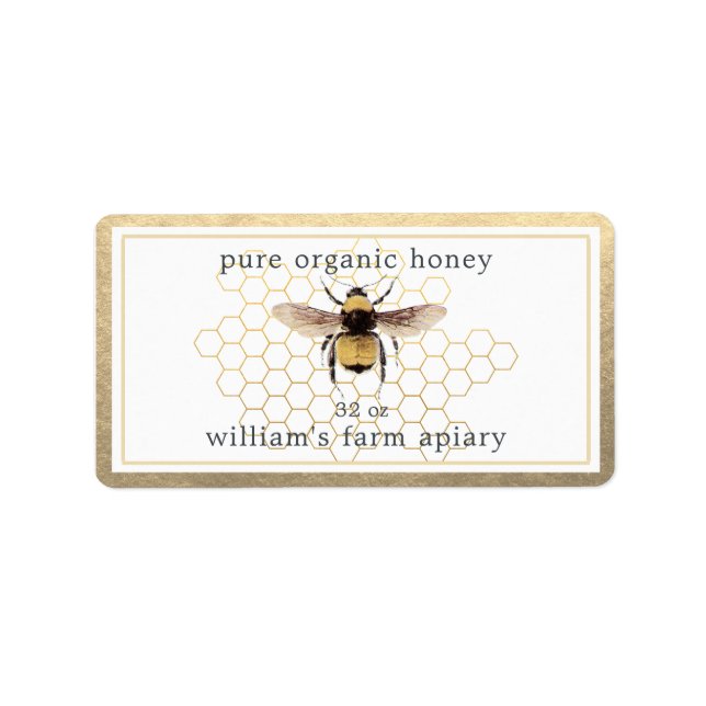 Honung Burk-etikett Honeybee Apiary Honeycomb Guld Adressetikett (Framsidan)