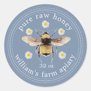 Honung Burk-etikett Honeybee Apiary Vintage Blue Runt Klistermärke