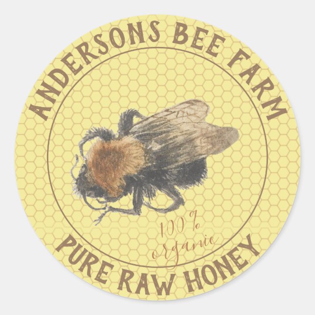 Honung Burk-etikett | Vintage Honeybee & Honeycomb Runt Klistermärke (Framsida)