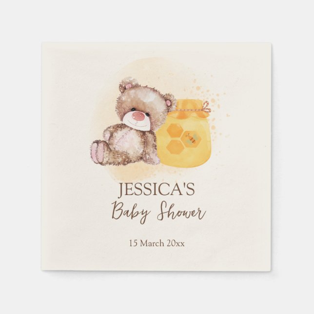 Honung burk nalle i förtid vänta på babydusch pappersservett (Framsidan)