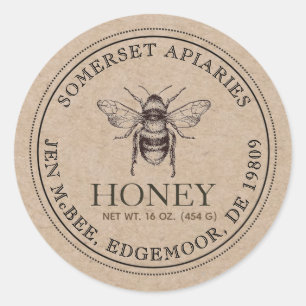 Honung Burk Vintage Bee Natural Bamboo Kraft Pappe Runt Klistermärke