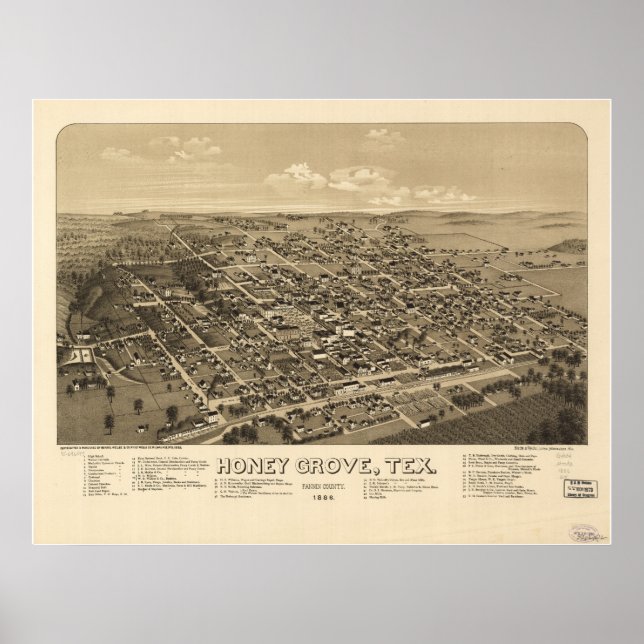 Honung Grove Texas 1886 Antique Panoramic Karta Poster (Framsidan)