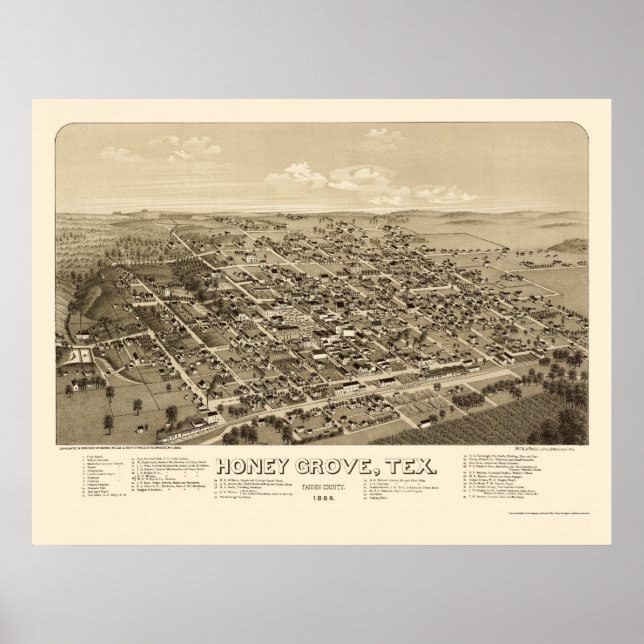Honung Grove, TX Panoramic Karta - 1886 Poster (Framsidan)