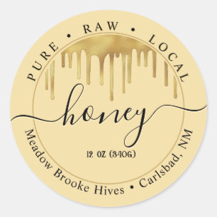 Honung Gult-etikett med droppar och dekorativt tec Runt Klistermärke