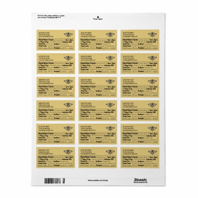 Honung Nutrition Facts Bibiodling Logotyp Guld Adressetikett (Helt Ark)