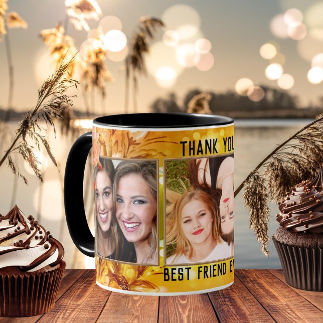 Honung Sweet Best Friend Tack Photo Kaffemugg (Best friends photo mug featuring your own photos framed by a honey sweet floral design with roses)