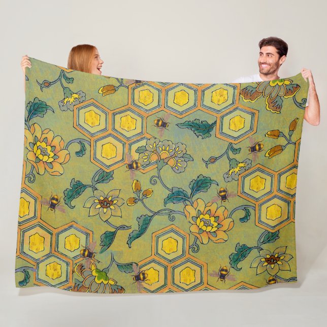 HONUNGA BIN,KÖTT,VÅR BLOMMOR,Gult Grönt Fleecefilt (På plats)