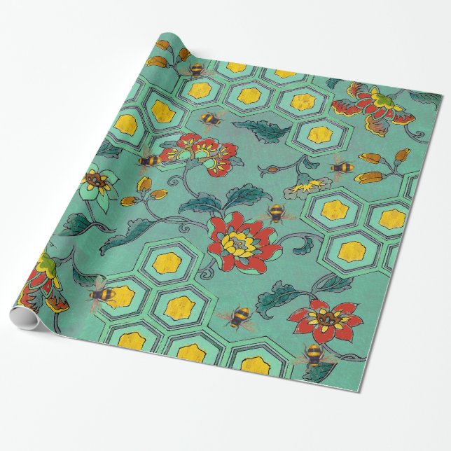 HONUNGA BIN,NÖTKÖTT,VÅR BLOMMOR NÖTKÖPER Grönt Presentpapper (Utrullad)