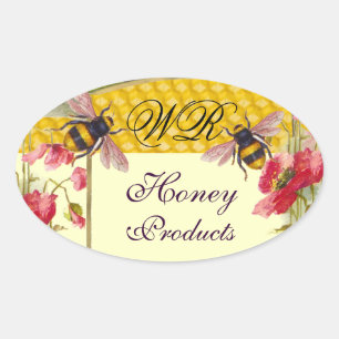 HONUNGA BIN OCH RÖDA POPIER BEEKEEPER MONOGRAM OVALT KLISTERMÄRKE