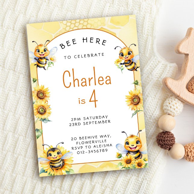 HonungsBee 4e födelsedagen Inbjudningar (Honey Bee 4th Birthday Invitation)