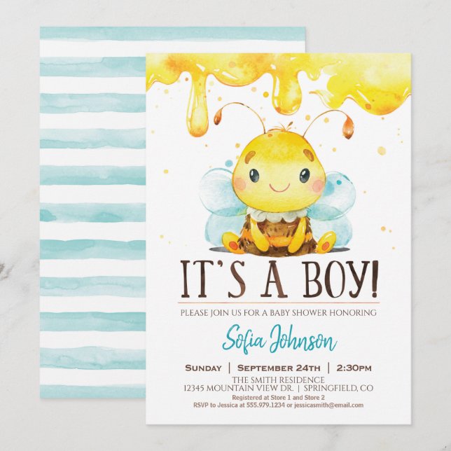 Honungsbee Baby Shower Boy-inbjudan Inbjudningar (Fram/baksida)