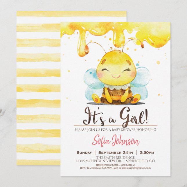 Honungsbee Baby Shower Girl-inbjudan Inbjudningar (Fram/baksida)