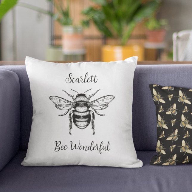 Honungsbee Black White Personalize Kudde (Skapare uppladdad)