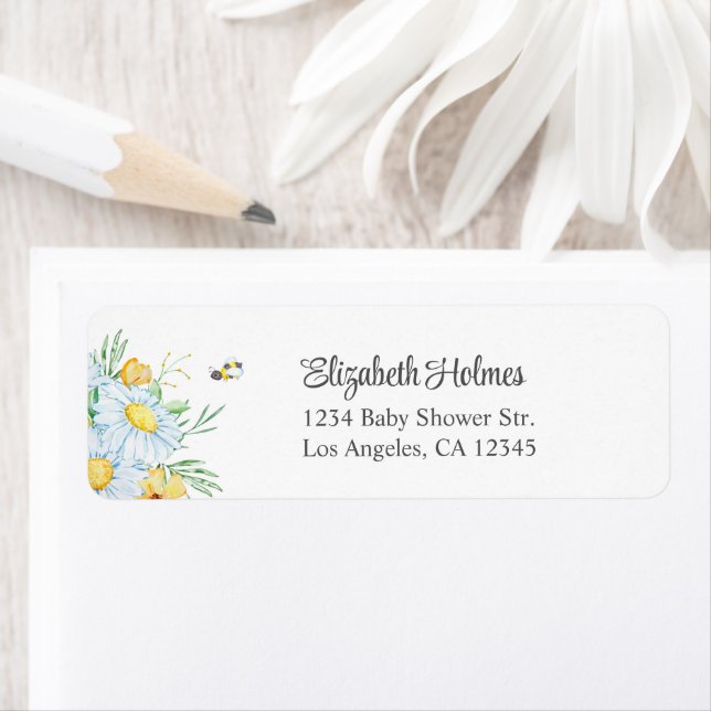 HonungsBee Chamomile Daisy Baby Shower Adress Returadress Etikett (Insitu)