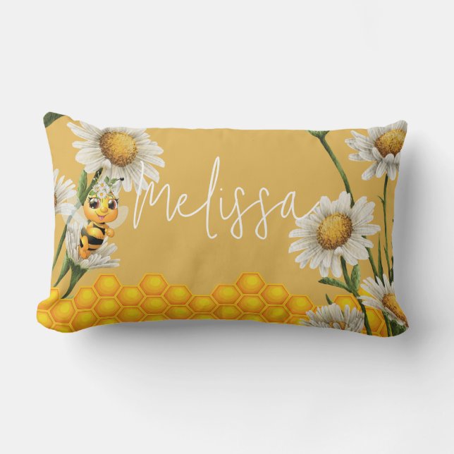 Honungsbee Honeycomb White Daisy Personalize Lumbarkudde (Framsida)