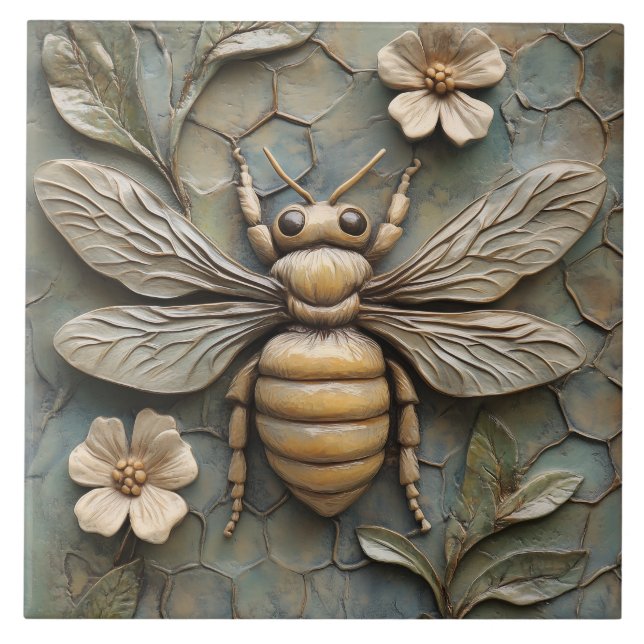 Honungsbi Faux Relief Ceramic- Nature-Inspired Kakelplatta (Framsidan)