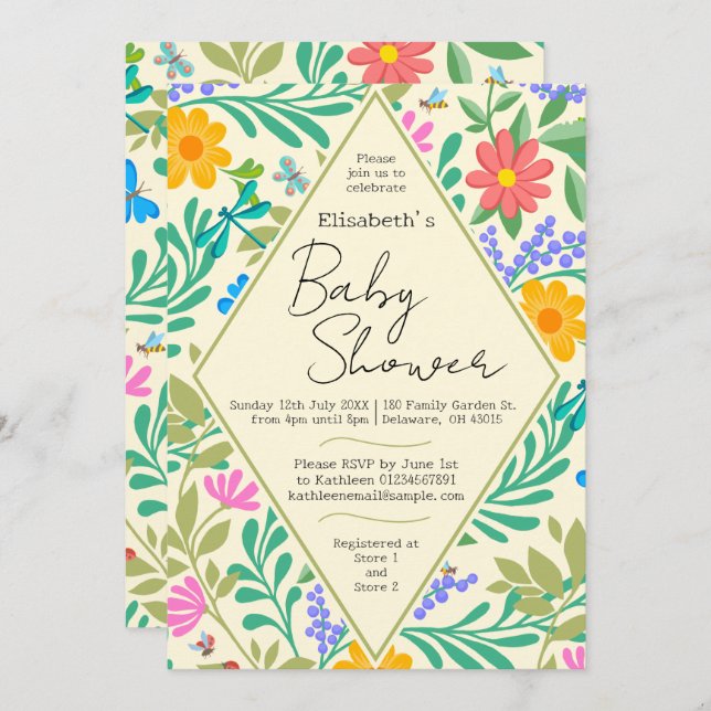 Honungsbi, Ladybug, Butterfly, Dragonfly & Flowers Inbjudningar (Fram/baksida)