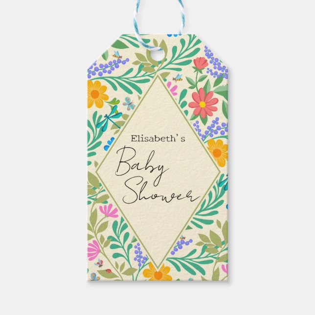 Honungsbi, Ladybug, Butterfly, Dragonfly & Flowers Presentetikett (Framsidan)