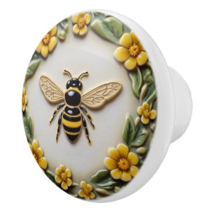 Honungsbi med Gula blommor Faux Relief-Blommigten Knopp
