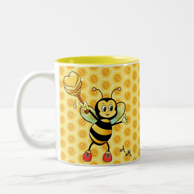 Honungsbi med Heart & Monogram 2-tonkaffe Mu Två-Tonad Mugg (Vänster)