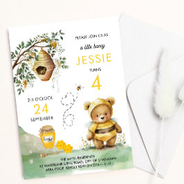 Honungsbi och Cute Bear Watercolor Barns födelseda Inbjudningar