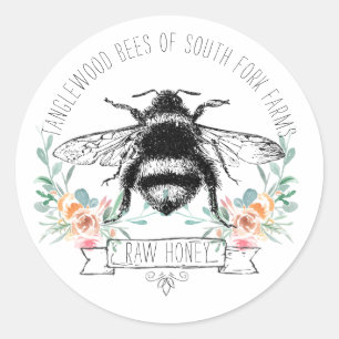 Honungsbin Apiary Honung Burk Label l Rosa Blommig Runt Klistermärke