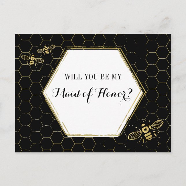Honungsbin Black Guld Anpassningsbar Maid of honor Inbjudan Vykort (Framsida)