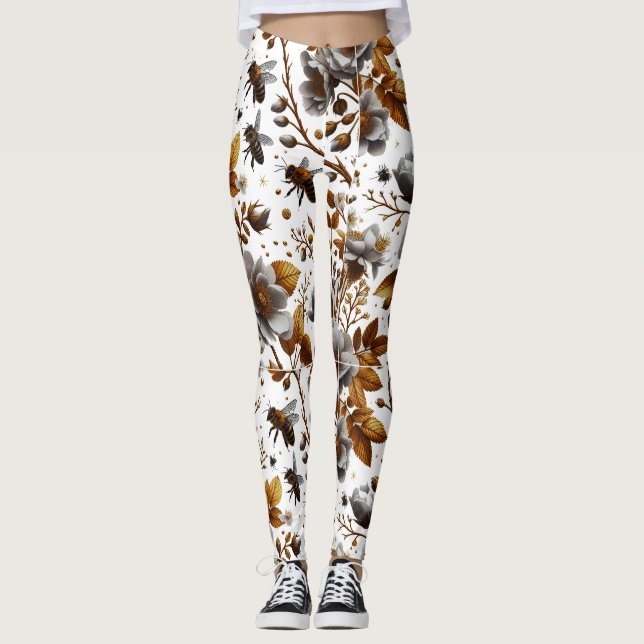 honungsbin blommigtar och löv mönster doodle art leggings (Framsida)