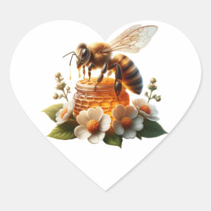 Honungsbin, Blommor och honung Hjärtformat Klistermärke