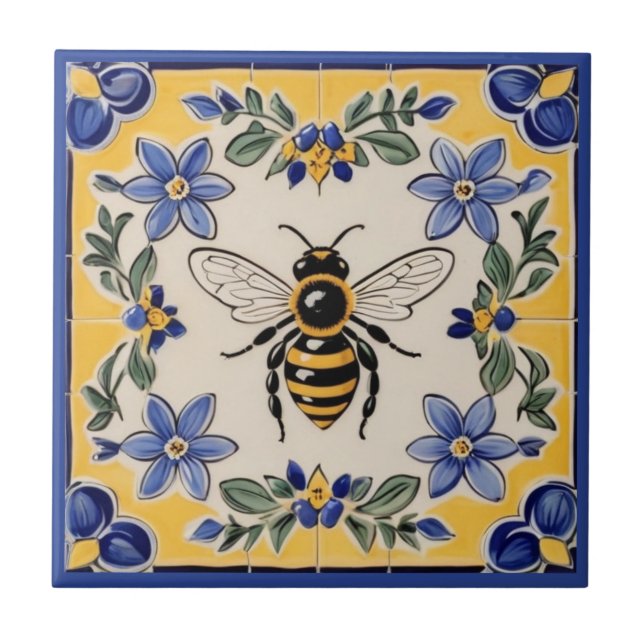 Honungsbin Blue och Gult Mediterranean Kakelplatta (Framsidan)